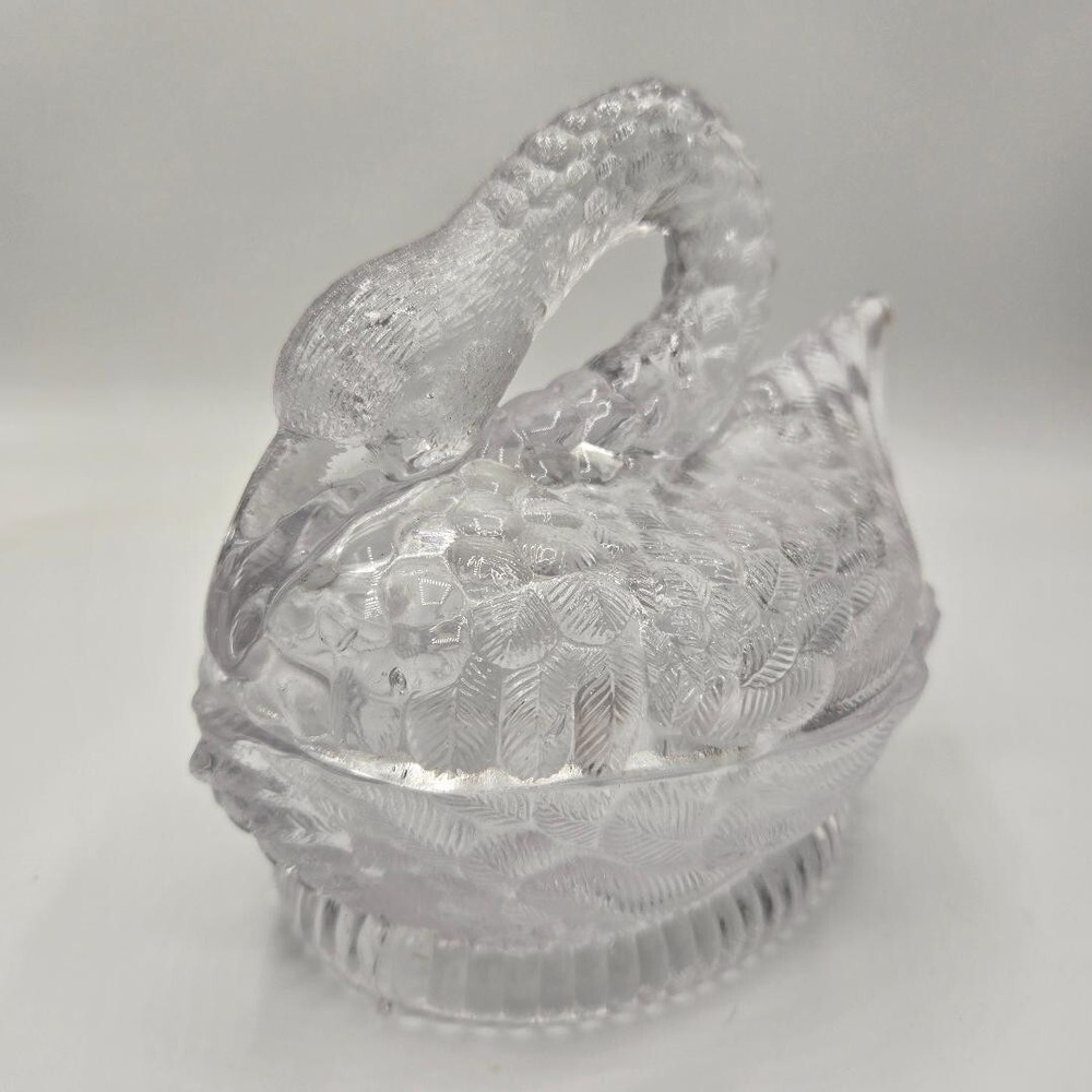 Vintage Glass Swan-Shaped Dish w/ Lid 1940s-1950s Crystal Clear Glass EUC